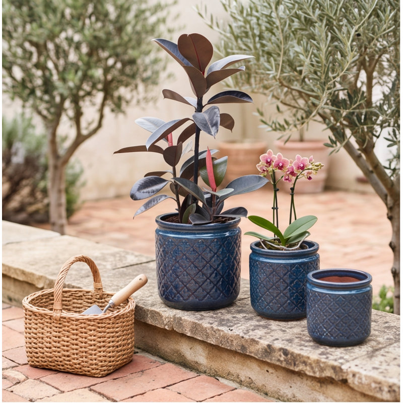 Ensemble de 3 pots de fleurs faits à la main en céramique - argile respirante géométrique bleu marine, 9, 12, 15 pouces