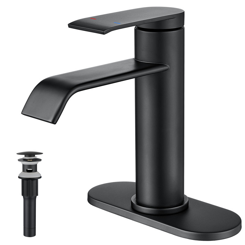 Single Hole Waterfall Spout Deck Mount Bathroom Sink Faucet With Pop Up Drain And Deck Plate, Matte Black