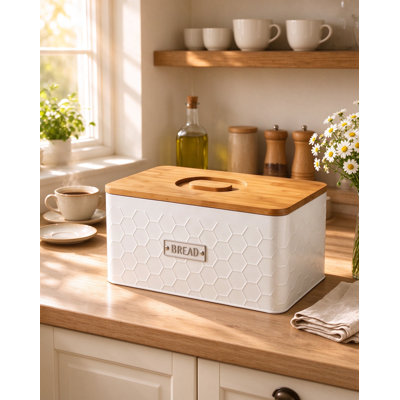 White Metal Bread Box for Kitchen Counter with Bamboo Cutting Board Lid, Honeycomb Embossed Bread Storage Container, Farmhouse Bread Keeper for Homemade and Store-Bought Bread