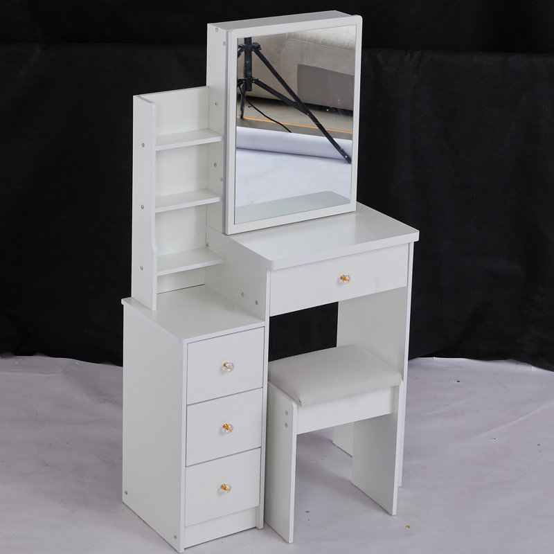 Table de coiffeuse de gauche pour les petits espaces, avec chaise rembourrée et très grand miroir coulissant, rangement multi-couches, tabouret élégant de taille commode blanche, multi-couches grande capacité
