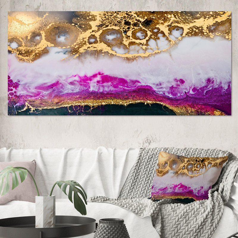 Résine époxy or blanc et fuchia - peinture sur toile, H 28 po x l 60 po, Toile tendue