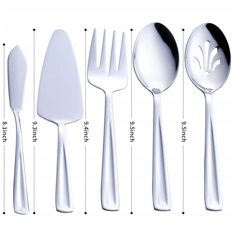 Ensemble d'ustensiles de service 5 pièces en acier inoxydable avec desserte à tarte, cuillère de service, cuillère rainurée, fourchette