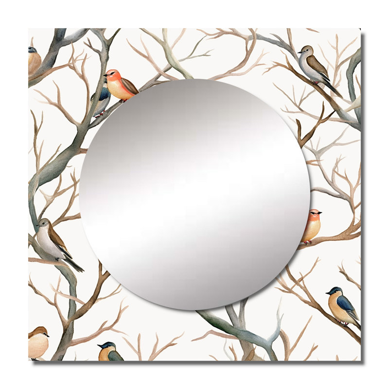 Grand miroir mural carré Conchur - Petits oiseaux sur les branches de l'arbre IV, 23 po x 23 po
