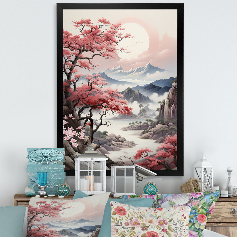 Rose, montagne du Japon, printemps, fleurs de cerisier III - Japon, art mural, Cadre flottant blanc