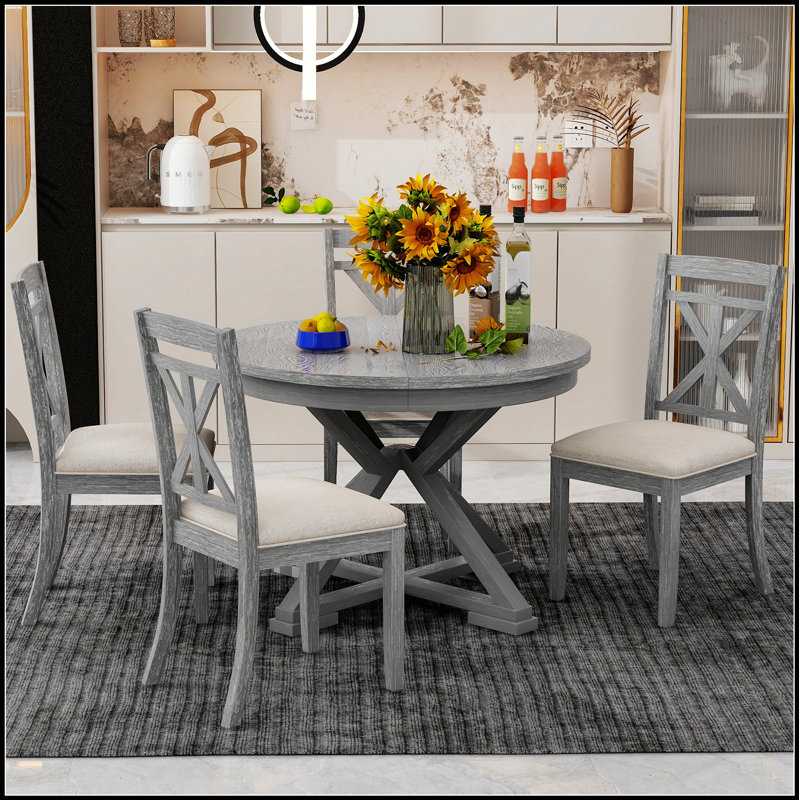 Ensemble de table de salle à manger 5 pièces avec table ronde extensible et 4 chaises rembourrées pour des espaces de salle à manger et de vie élégants