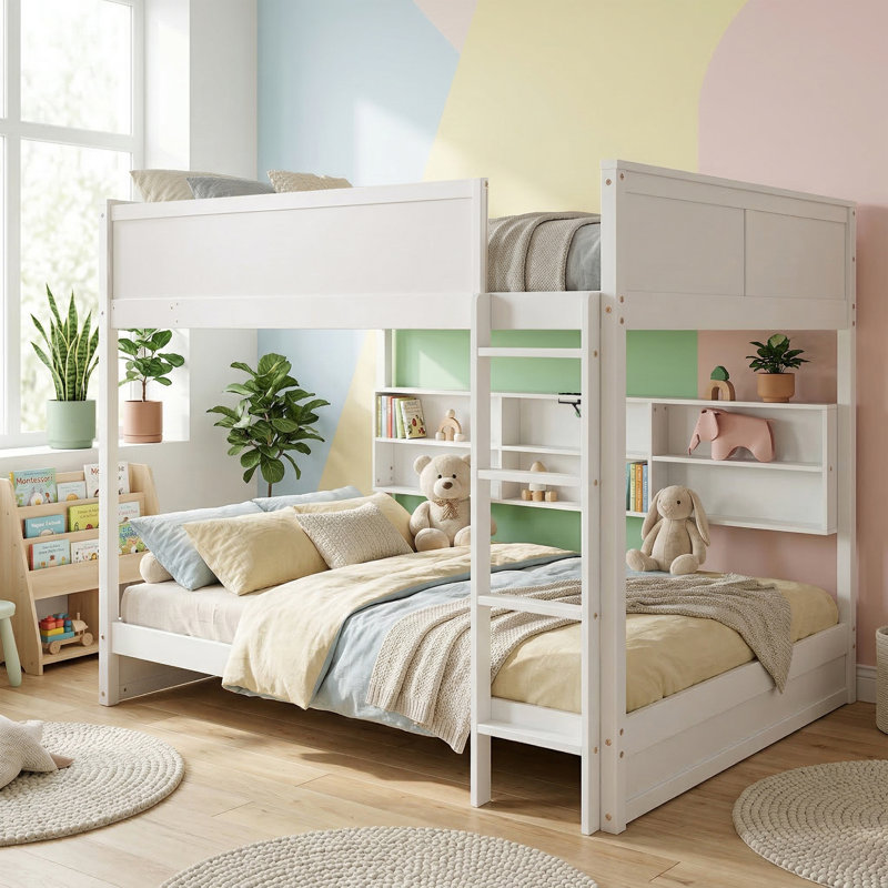 Queen Over Queen Bunk Bed Solid Pine Wood With Built-In Storage Shelves, Integrated Charging Station And Full-Length Guardrails