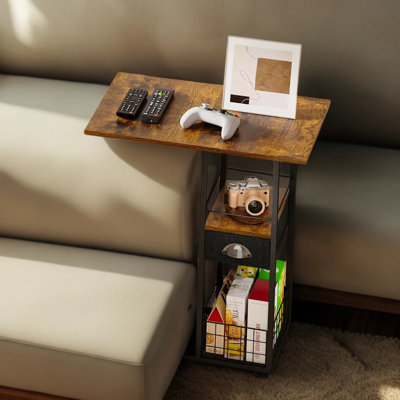 Table d'appoint mobile en forme de C avec roulettes, plateau en bois surdimensionné et tiroir de rangement - support de lit réglable pour canapé, canapé, salon ou chambre à coucher