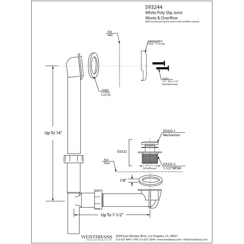 14" x 1-1/2" White Polypropylene Tip-Toe Bathtub Leg Drain Assembly with 2-Hole Overflow, Satin Nickel