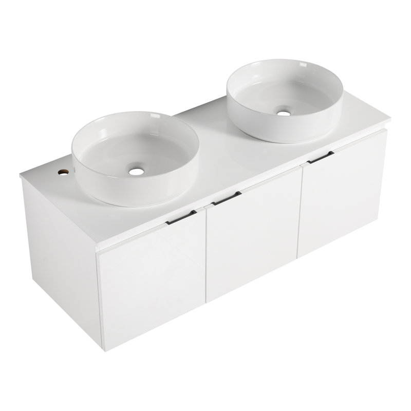Meuble-lavabo suspendu et lavabo, contreplaqué blanc brillant, meubles de salle de bain modernes (doit inclure le meuble-lavabo et le lavabo)
