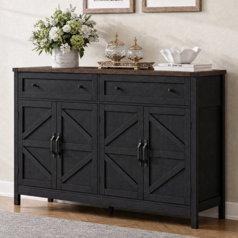 Buffet de style ferme moderne de 55,12 po de largeur avec portes à panneaux à motif losange, Brun / Noir