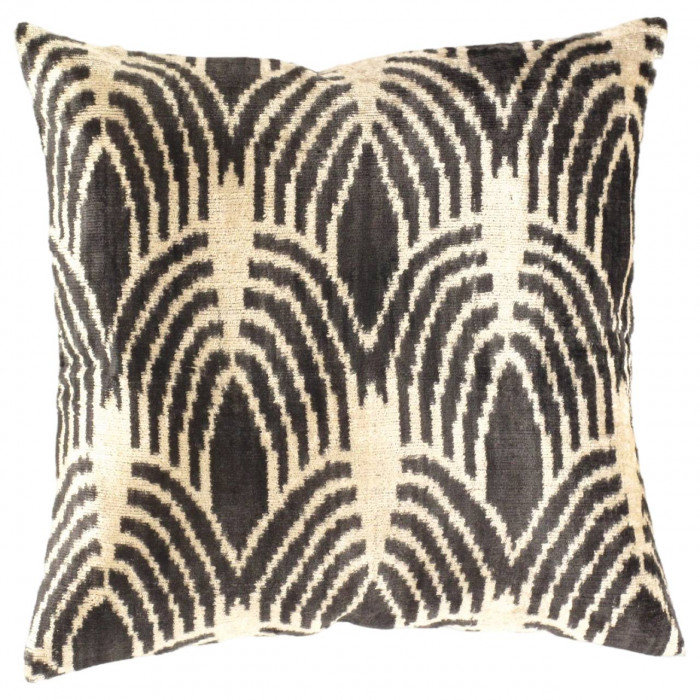 Coussin en velours Pasargad, Carré, Ikat noir / beige, H 20 po x l 20 po