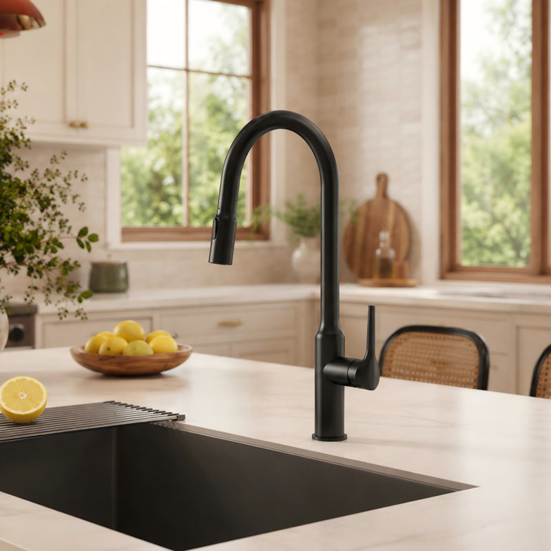 Dual-Function Single-Handle Pull-Down Kitchen Faucet with Swivel Spout, Matte Black