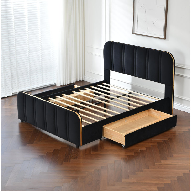 Lit tapissier avec 2 grands tiroirs de rangement en bois , Grand, Noir