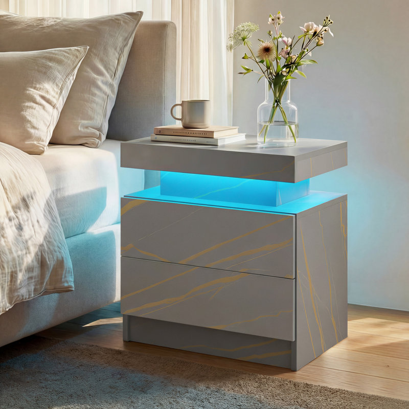 LED Nightstand with Drawers, Gray Marble
