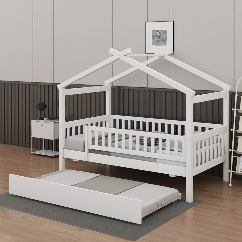 Twin Size Wooden House Bed With Twin Size Trundle, Wood Bed Frame With Roof And Safety Guardrail