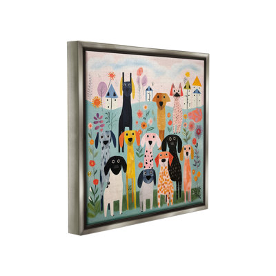 Patterned Dogs in Yard Gray Framed Floater Canvas Wall Art by Lazar Studio
