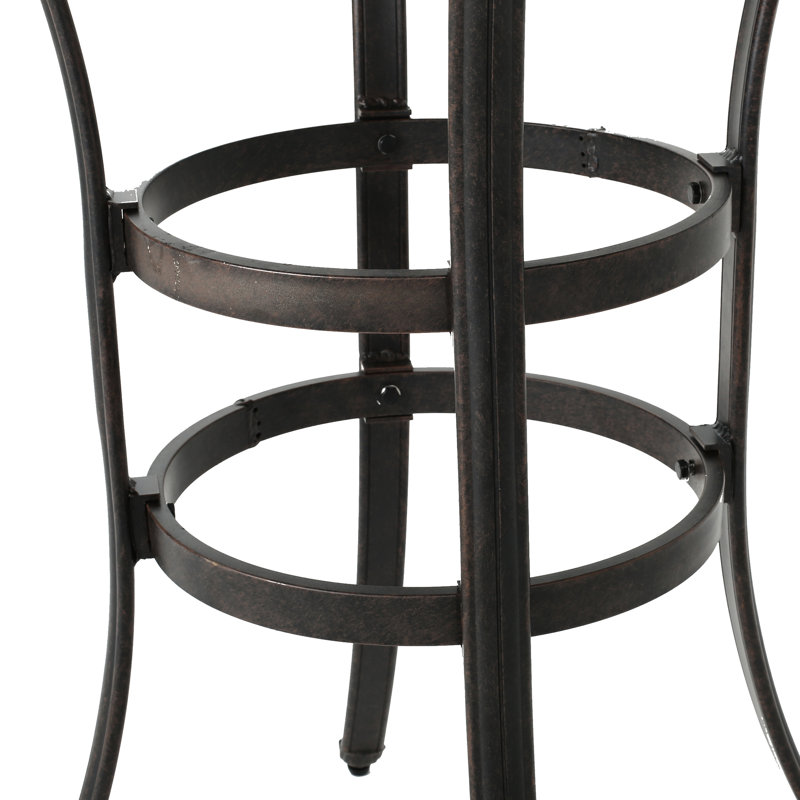 Table de bar traditionnelle en fonte d'aluminium avec plateau en bronze foncé, antirouille, trou de parasol central, 37,78 po x 40,51 avec motif, abat-jour en bronze, dimensions de 37 po et 41,5 po