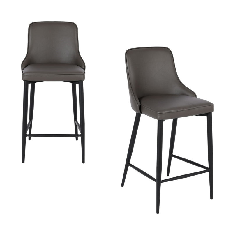 Modern PU Leather Counter Stool – 25.5" Seat Height with Black Metal Legs for Kitchen Island or Bar, Gray