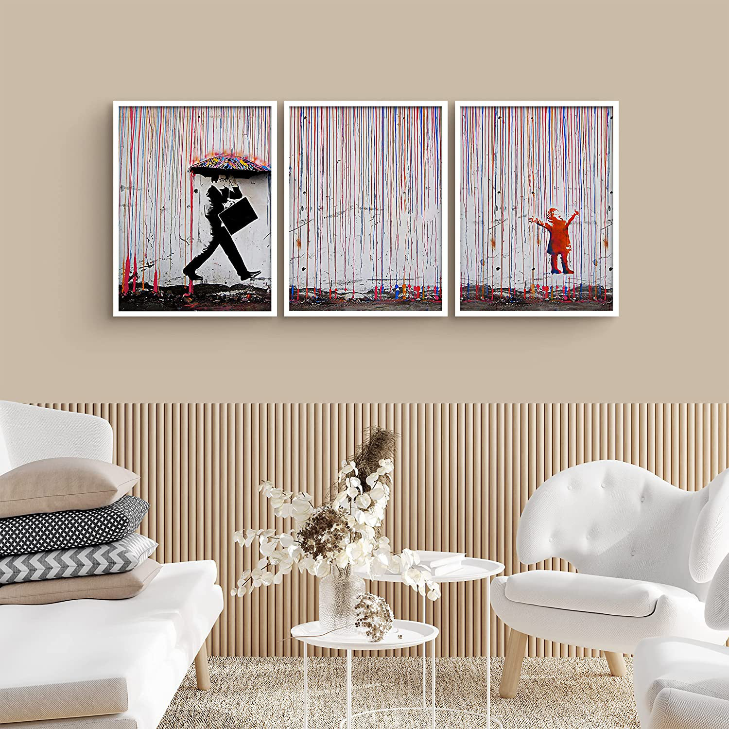 Banksy Inspired Rainbow Rain Explosion on London Street - 3 Piece Picture Frame Graphic Art SIGNLEADER Format: White Framed