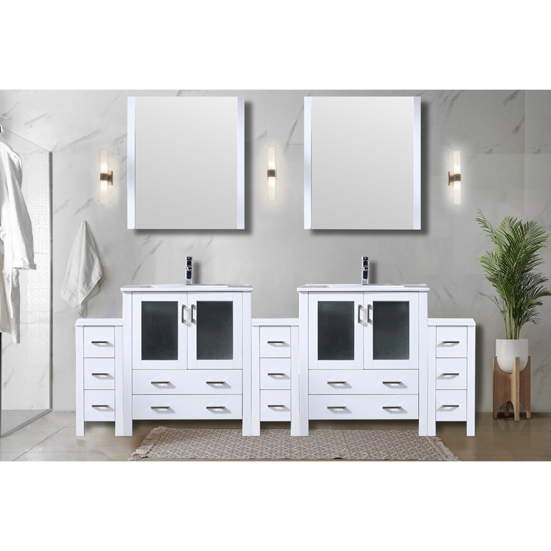 96 po Meuble-lavabo double W, comptoir en céramique blanche, armoires latérales, 28 miroirs, lavabo à robinet et à décoloration blanc, comptoir, ébréchure durable