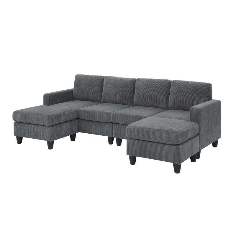 Canapé modulaire large avec repose-pieds Ranjeeta, Velours côtelé gris foncé