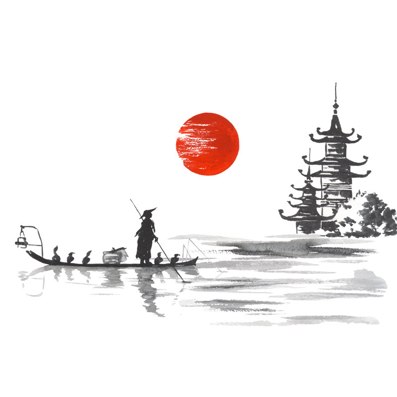 Sumi-E Art Man With Boat - Wrapped Canvas Print, 30cm H x 46cm W x 3.8cm D