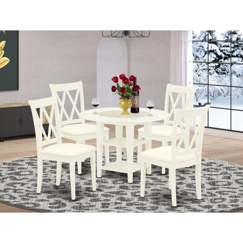 L'ensemble de table de salle à manger 5 pièces comprend une table de cuisine ronde avec Dropleaf et des tablettes et 4 chaises de salle à manger en lin, blanc lin