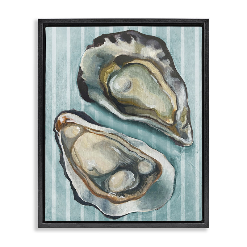 «Oysters on Blue Stripes» par Daphne Polselli, Cadre flottant noir de jais, H 31 po x l 25 po