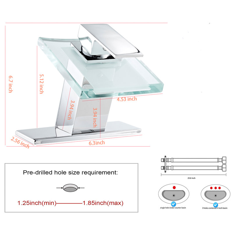 Robinet pour salle de bain à poignée simple en verre à DEL à un trou, Chrome