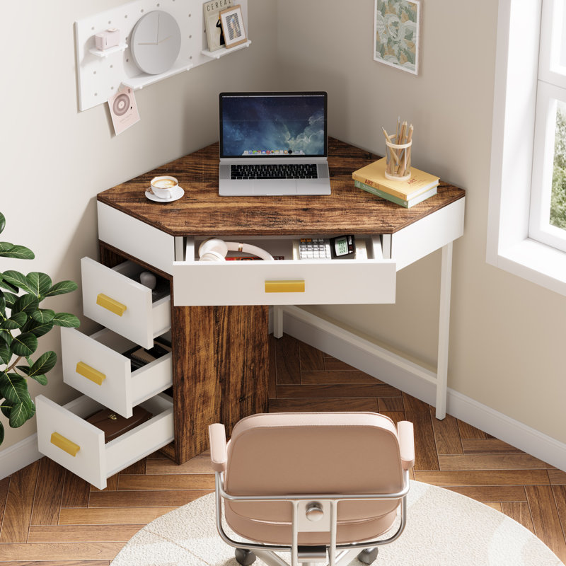 Corner Desk with 4 Drawers, Brown/White
