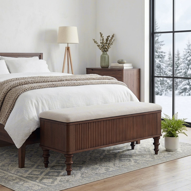 Banc de rangement avec repose-pieds en bois d'hévéa massif de 50,8 po avec siège en lin, banc de rangement pour chambre à coucher, range-chaussures pour chambre à coucher, salon, vestibule, garde-robe