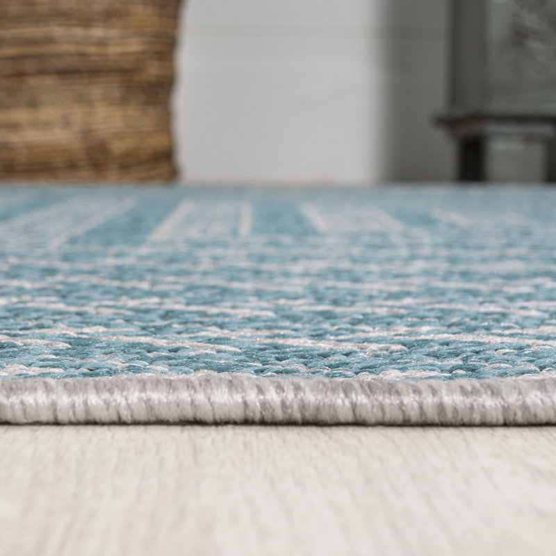 Tapis intérieur / extérieur à chevrons concentriques carrés turquoise / gris clair, Rectangle 2 pi 11 po x 5 pi