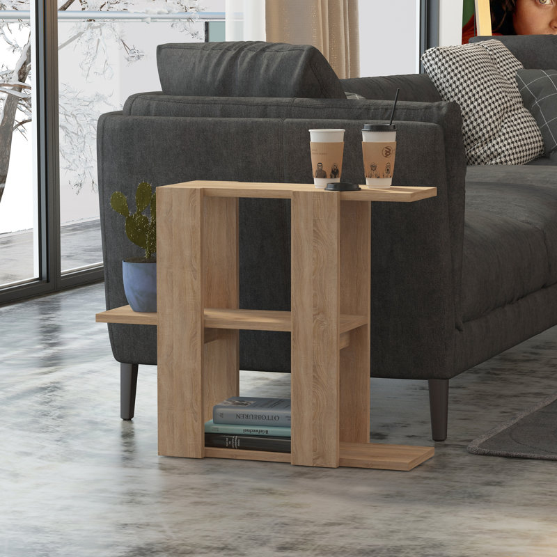 Modern C-Shaped Side Table with Open Storage, Oak
