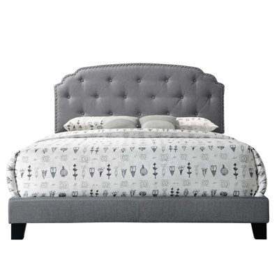 Queen Size Grey Upholstered Bed With Fascinating Nailhead Trim And Arched Headboard Design Exquisite