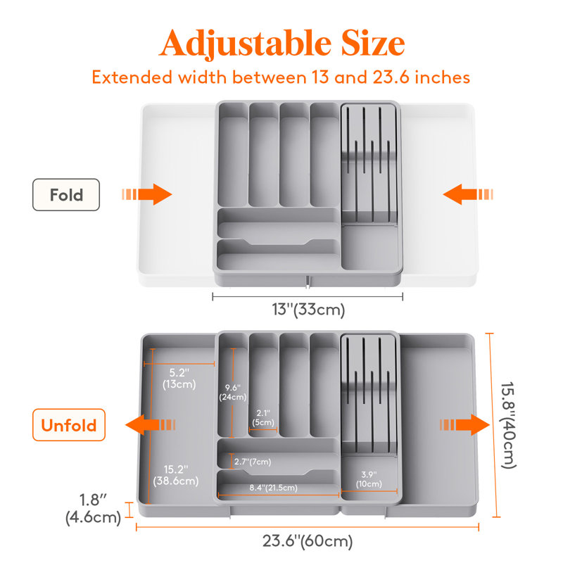 Rangement à ustensiles pour tiroirs de cuisine, plateau à ustensiles extensible avec porte-couteaux amovible, porte-couverts et couverts réglables, séparateur de fourchettes à cuillère en plastique, grand, noir