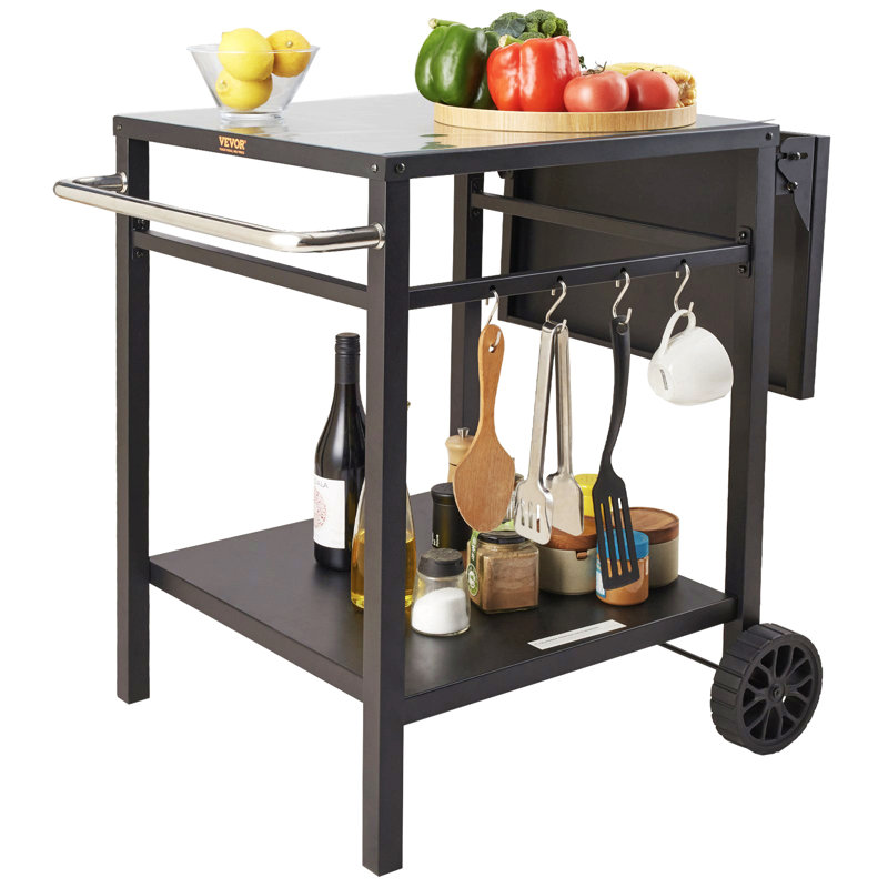 Outdoor Grill Dining Cart With Double-Shelf, BBQ Movable Food Prep Table, Multifunctional Foldable Iron Table Top, Portable Modular Carts For Pizza Oven, Worktable With 2 Wheels, Carry Handle