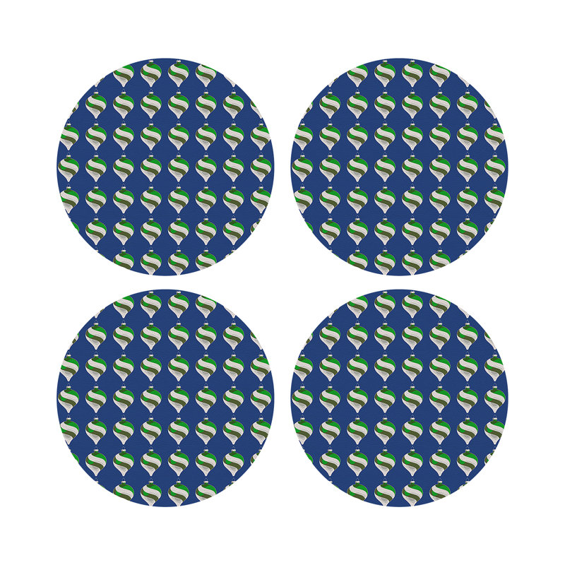 Xmas Ornament Black Vegan Leather Round Coasters, Blue