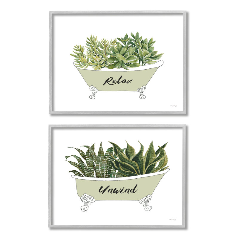 «Relax Unwind House Plants Succulents», baignoire sur pattes par Cindy Jacobs - ensemble de 2 impressions sur bois avec cadre flottant
