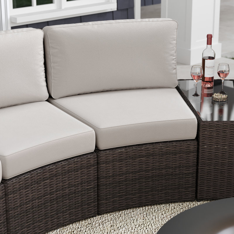 Martha Stewart Bedford Outdoor Modular Rattan Wicker Patio Curved Sectional Sofa Seats, Tan, Brown