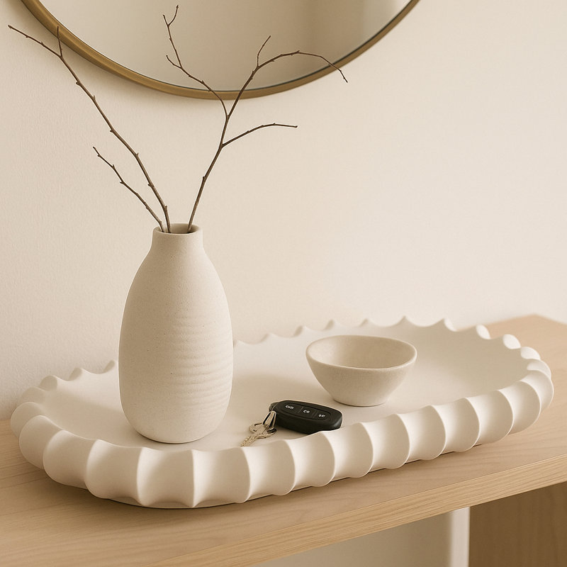 Decorative Oval Accent Tray with Scalloped Edge for Home Decor - Modern Home Decor Tray for Coffee Table, Kitchen, Trinket, or Jewelry - 18.75", Ivory
