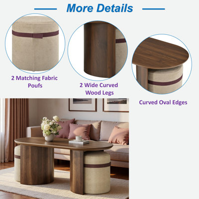 Table basse vintage rétro avec 2 repose-pieds en tissu assortis