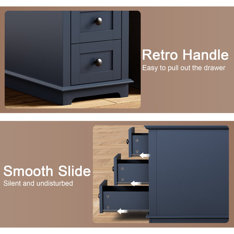 3 Drawers Sets End Tables with Storage and Fast Charging Station, Blue Top/Blue Base, 2