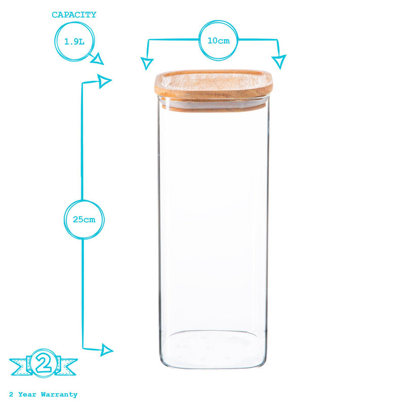 Argon Tableware - Square Glass Storage Jars with Wooden Lids - Set of 6, 25cm H x 10cm W x 10cm D