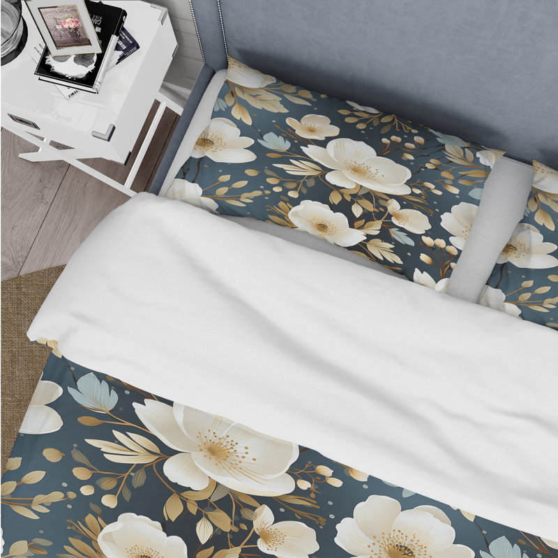 Ensemble de housse de couette White Elegance Minimalist Floral II, Housse de couette simple + 1 taie décorative stan