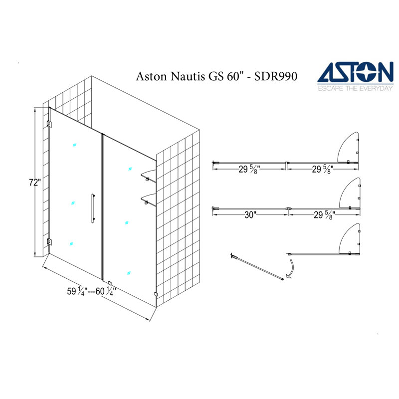 Nautis GS 60" W x 72" H Hinged Frameless Shower Door, Stainless Steel