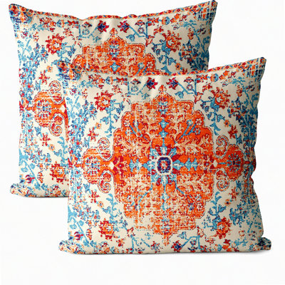 Rust Coral Boho Pillow Covers - Set of 2, Vintage Ethnic Floral Throw Pillows - Bohemian Linen Cushion Covers for Home Decor