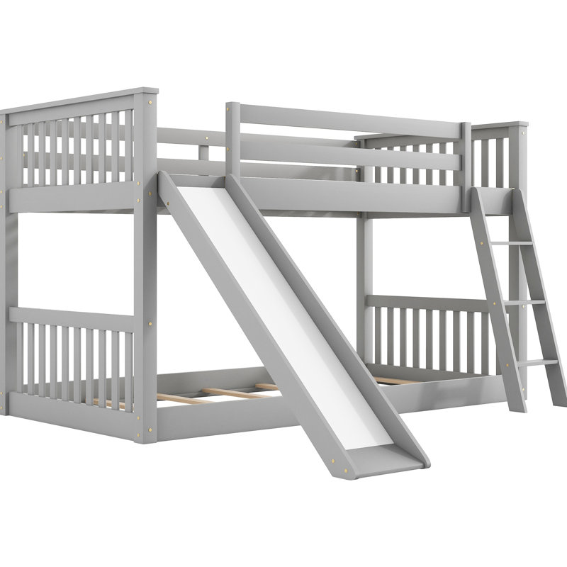 Lit simple superposé gris avec glissière intégrée et réversible, construction, solution pour chambre à coucher, bois, facile à monter, garde-corps pleine longueur, conception peu encombrante, lit en bois de pin, coffre-fort simple à utiliser