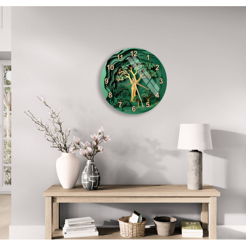 Horloge murale en verre trempé arbre de vie, 20 pouces, Noir anglais