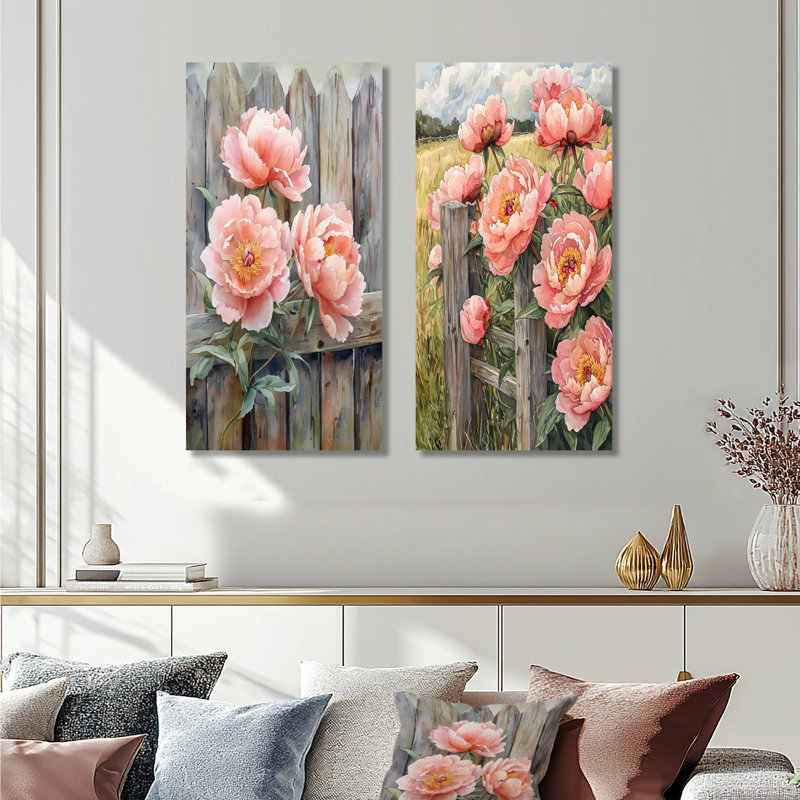 Pivoines à la clôture de la ferme I - Botanique, ensemble de 2 décorations murales en métal, 32" H x 32" W