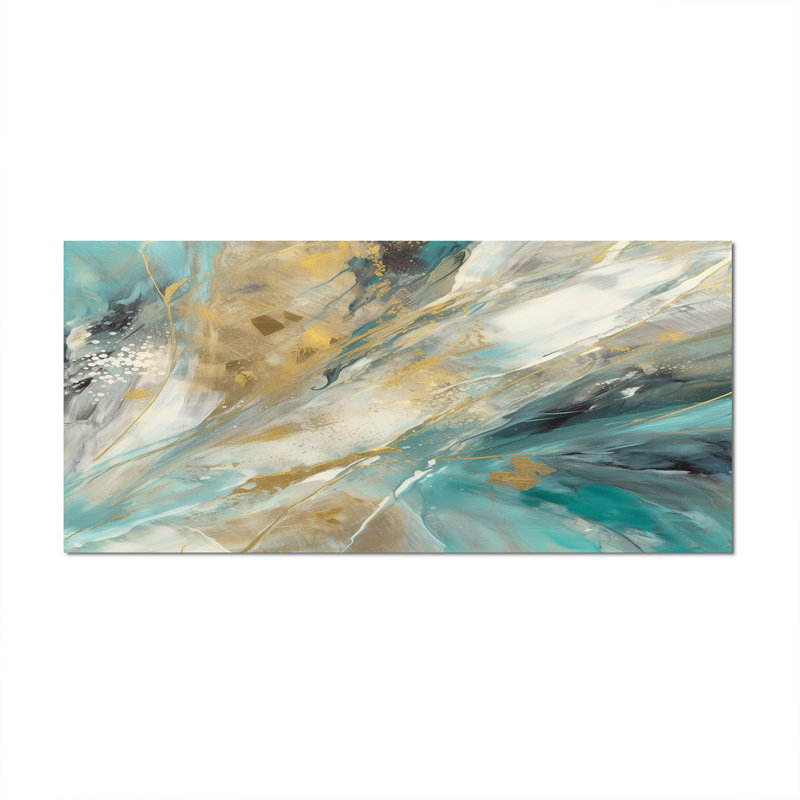 «Golden Hour In Turquoise Waves IV», art mural abstrait sur toile, H 28 po x l 60 po